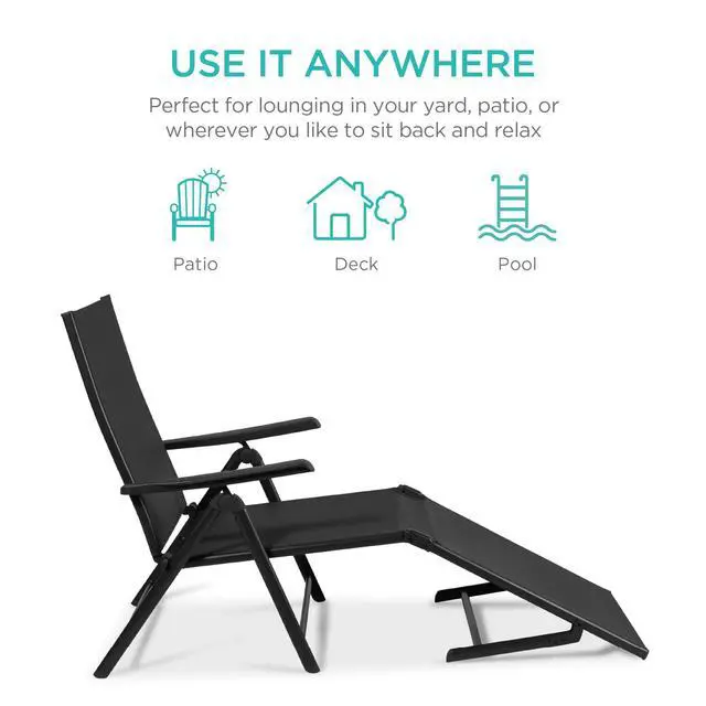 Alt view image 6 of 6 - Set of 2 Outdoor Patio Chaise Lounge Chair Adjustable Reclining Folding Pool Lounger for Poolside, Deck, Backyard w/Steel Frame, 250lb Weight Capacity - Black