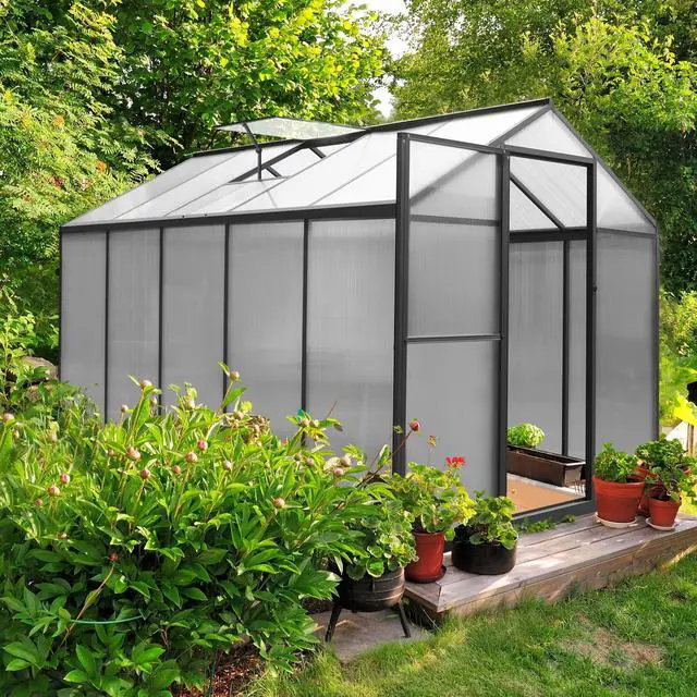 Main image of 6' x 10' Greenhouse for Outdoors, Polycarbonate Green House with Adjustable Vent, Aluminum Frame, Rivet Structure, Walk-in Greenhouses for Yard, Garden, Hobby, Grey