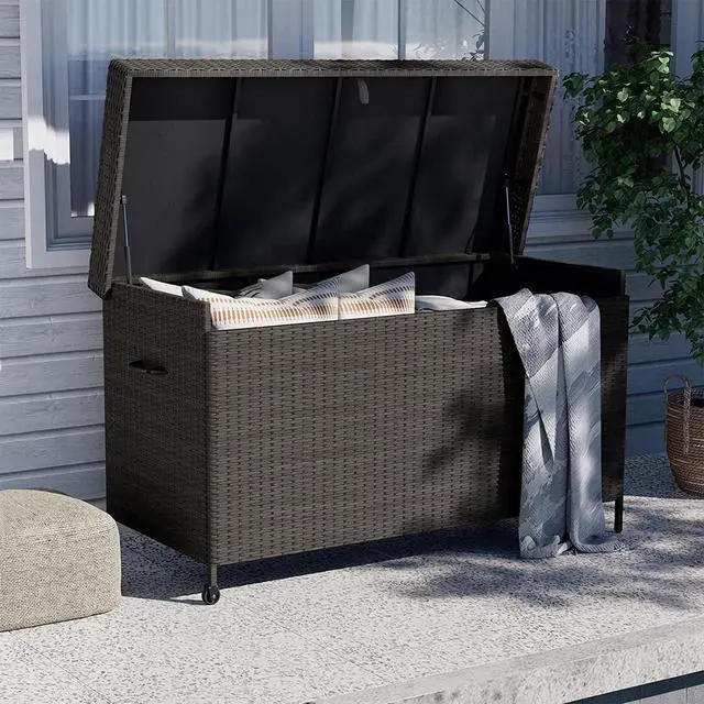 Alt view image 2 of 6 - 170 Gallon Deck Storage Box Deck Box Outdoor Storage Box Indoor Wicker Storage Bin Patio Storage Box for Patio Furniture Cushions Garden Tools Pool Accessories, Light Brown
