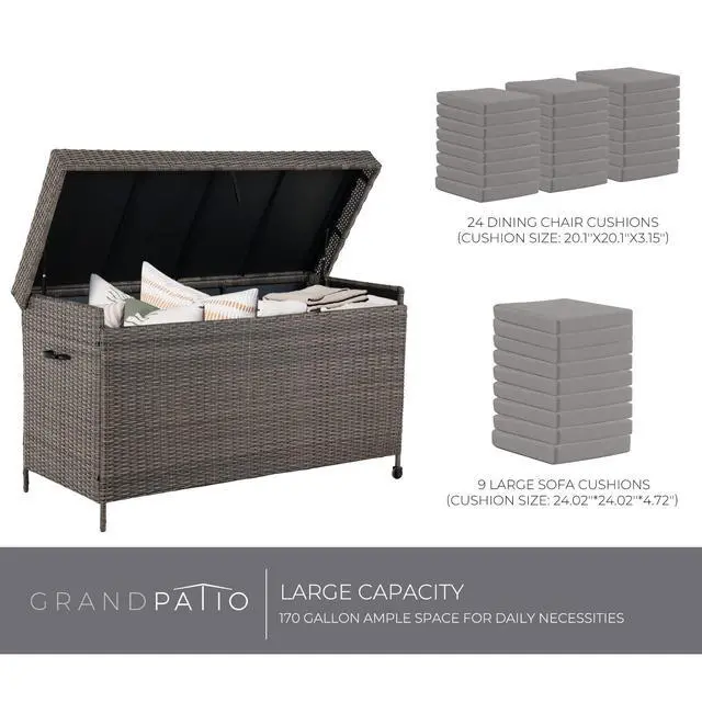 Alt view image 3 of 6 - 170 Gallon Deck Storage Box Deck Box Outdoor Storage Box Indoor Wicker Storage Bin Patio Storage Box for Patio Furniture Cushions Garden Tools Pool Accessories, Light Brown