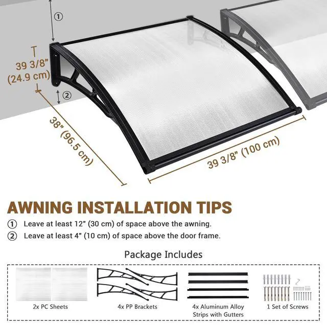 Alt view image 3 of 6 - 2Pack 40"x40" Door Window Awning Whole One-piece Polycarbonate Anti-UV30+ Cover Front Door Outdoor Rain Snow Sunlight Protection Hollow Sheet Patio Yard Door White Board
