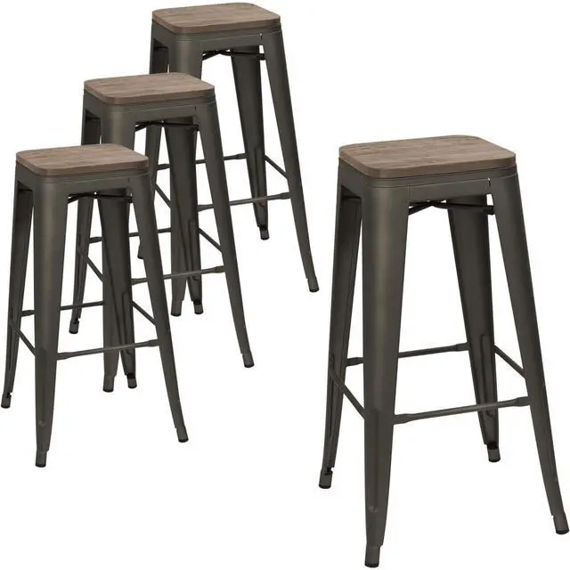 Main image of Metal Bar Stool 30'' Indoor Outdoor Stackable Barstools Modern Industrial Square Wood Top Bar Stools Set of 4 (30 inch, Gun)