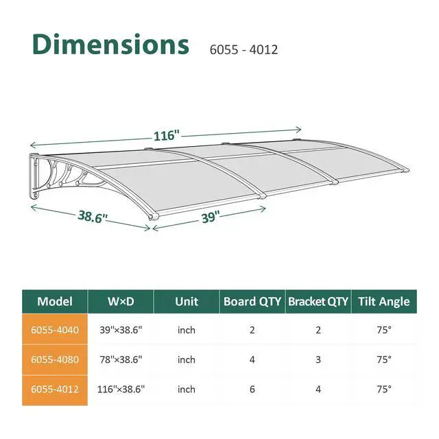 Alt view image 3 of 6 - 116 inch Window Awning Outdoor Polycarbonate Hollow Sheet Door Patio Canopy (40''x120,White Panels with Silver Bracket)