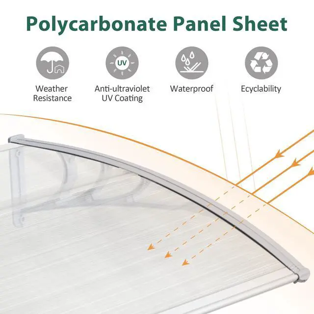 Alt view image 6 of 6 - 116 inch Window Awning Outdoor Polycarbonate Hollow Sheet Door Patio Canopy (40''x120,White Panels with Silver Bracket)