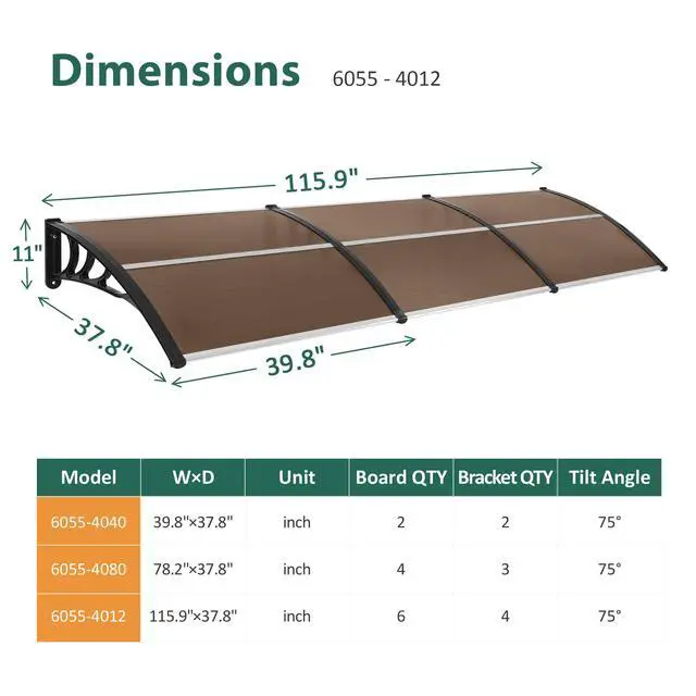 Alt view image 4 of 6 - 115.9 inch Window Awning Outdoor Polycarbonate Hollow Sheet Door Patio Canopy (40''x120'', Dark Brown Panels with Black Bracket)