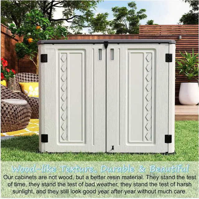Alt view image 3 of 6 - Horizontal Outdoor Storage Shed, 34 Cu.ft Outdoor Storage Cabinet Waterproof for Garden/Backyard/Home/Pool, Lockable (Off White)