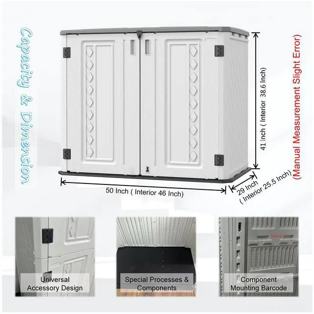Alt view image 4 of 6 - Horizontal Outdoor Storage Shed, 34 Cu.ft Outdoor Storage Cabinet Waterproof for Garden/Backyard/Home/Pool, Lockable (Off White)