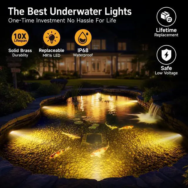 Alt view image 2 of 6 - Submersible Pond Light - 12V Low Voltage IP68 Waterproof, Solid Brass Underwater Light with 2700K MR16 LED Bulb, for Water Fountains, Waterfalls, Pool and Outdoor Landscape Lighting(4 Pack)