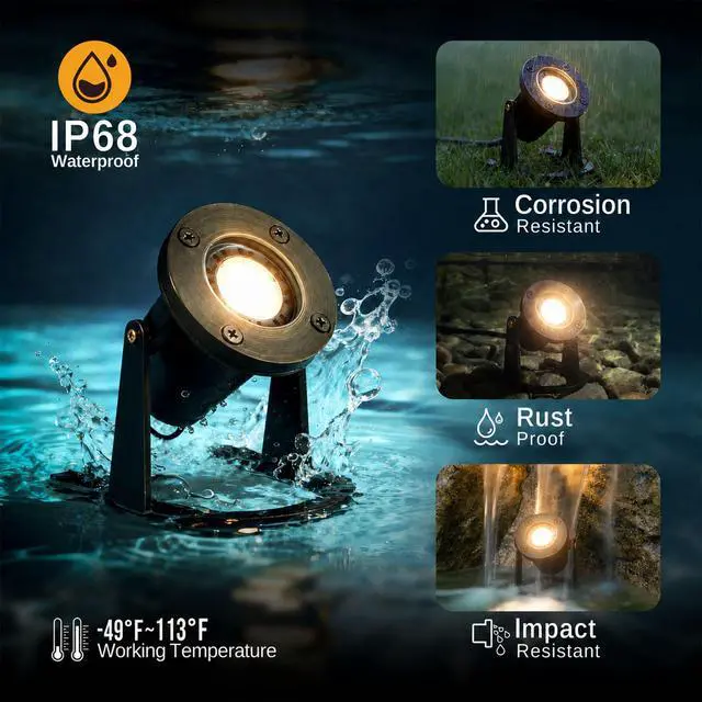 Alt view image 4 of 6 - Submersible Pond Light - 12V Low Voltage IP68 Waterproof, Solid Brass Underwater Light with 2700K MR16 LED Bulb, for Water Fountains, Waterfalls, Pool and Outdoor Landscape Lighting(4 Pack)