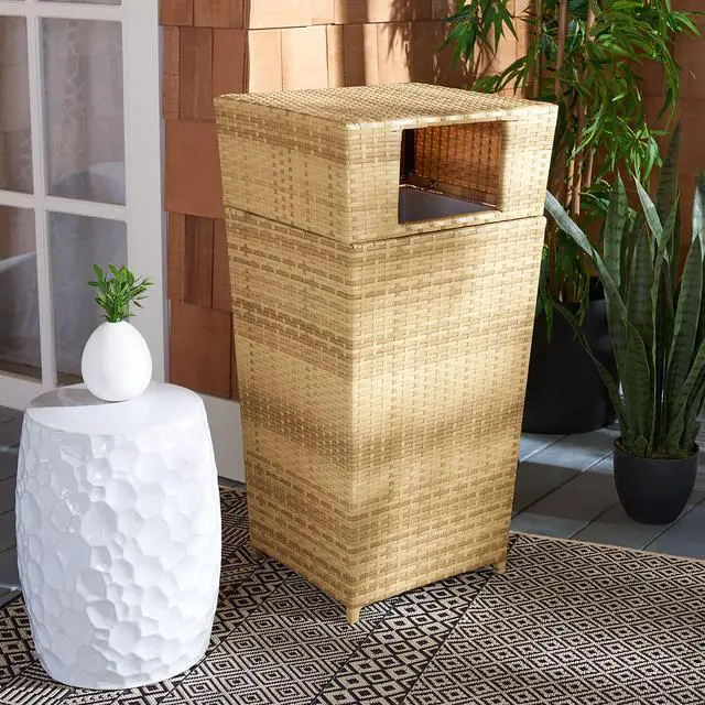 Alt view image 2 of 6 - Outdoor - Mazeli Trash Bin - Natural - Steel Frame Textured Surface - Modern Geometric Removable-Top Design - Ideal for Patio, Deck, Porch, Backyard, 17.6" W x 16.8" D x 35.1" H (PAT7512D)