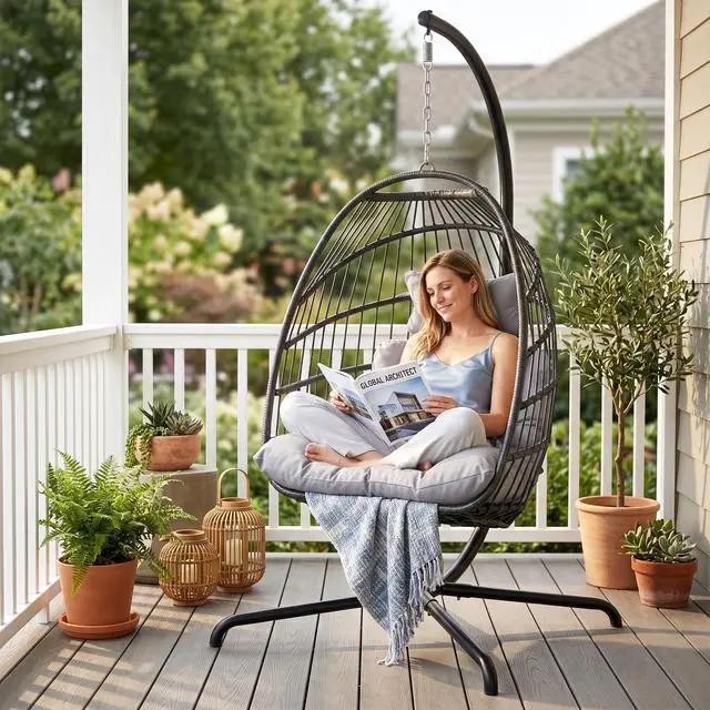 Main image of Outdoor Egg Chair with Stand, Foldable Wicker Egg Chair Swing with Thickened Cushion, 350 Lbs Stable Alloy Steel Frame Hanging Hammock Chair for Apartment Small Balcony Backyard, Light Gray