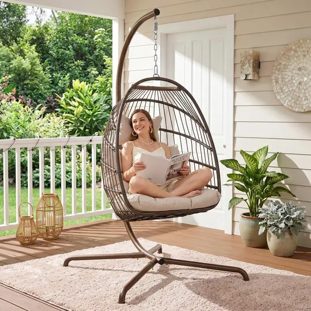 Alt view image 2 of 6 - Egg Swing Chair with Stand, 350 Lbs Heavy-Duty Hanging Chair with Stand & Soft Cushion, UV-Resistant Foldable PE Rattan Hammock for Outside Deck Backyard Lanai Sunroom, Brown & Tan