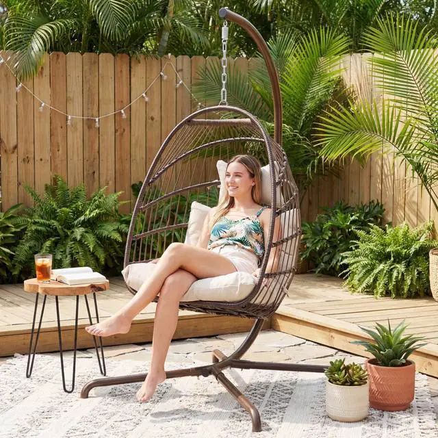 Alt view image 3 of 6 - Egg Swing Chair with Stand, 350 Lbs Heavy-Duty Hanging Chair with Stand & Soft Cushion, UV-Resistant Foldable PE Rattan Hammock for Outside Deck Backyard Lanai Sunroom, Brown & Tan