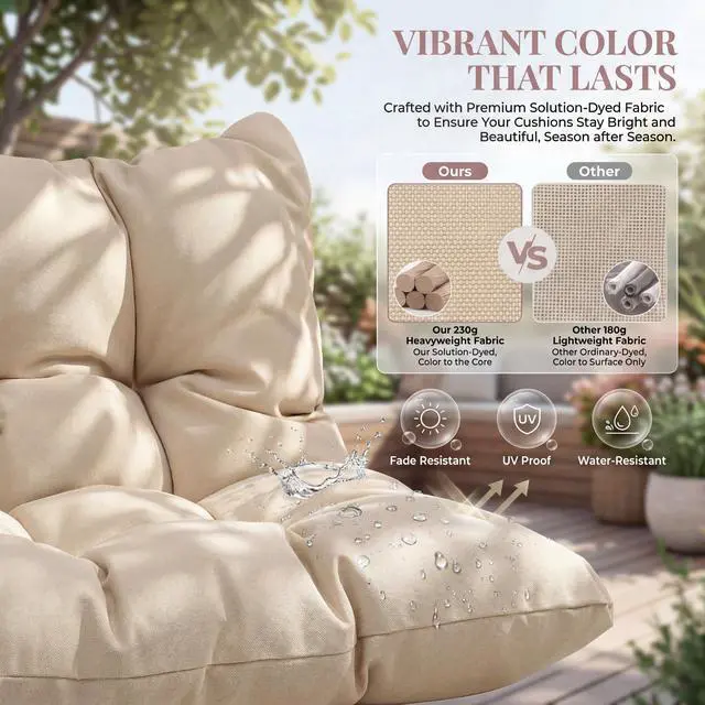 Alt view image 5 of 6 - Egg Swing Chair with Stand, 350 Lbs Heavy-Duty Hanging Chair with Stand & Soft Cushion, UV-Resistant Foldable PE Rattan Hammock for Outside Deck Backyard Lanai Sunroom, Brown & Tan