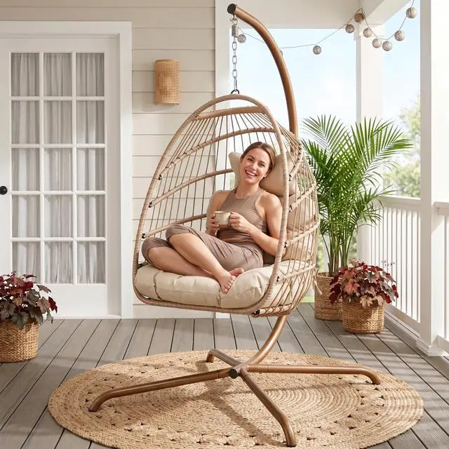 Alt view image 2 of 6 - Hanging Egg Chair with Stand, 350 Lbs Capacity Boho Wicker Egg Swing Chair with Cozy Tufted Cushion, Foldable All-Weather Hammock Seat for Patio Porch Lawn Garden Bedroom Indoor, Beige