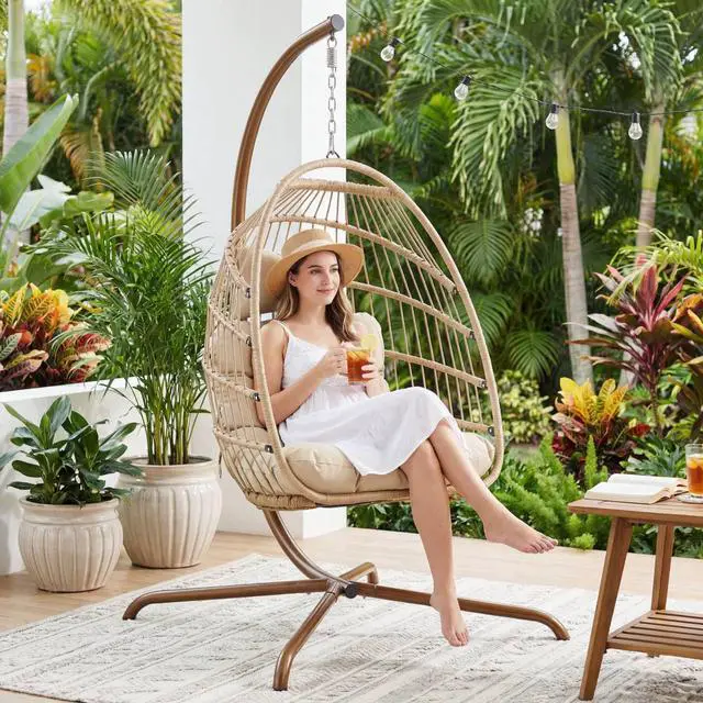 Alt view image 3 of 6 - Hanging Egg Chair with Stand, 350 Lbs Capacity Boho Wicker Egg Swing Chair with Cozy Tufted Cushion, Foldable All-Weather Hammock Seat for Patio Porch Lawn Garden Bedroom Indoor, Beige