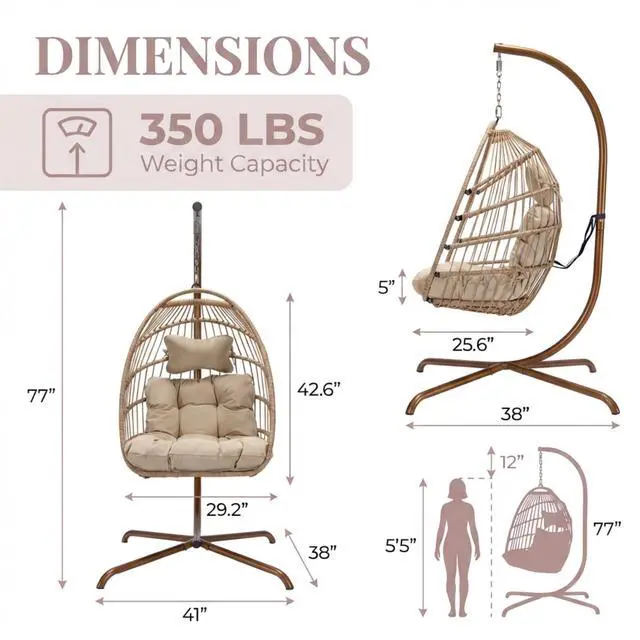 Alt view image 4 of 6 - Hanging Egg Chair with Stand, 350 Lbs Capacity Boho Wicker Egg Swing Chair with Cozy Tufted Cushion, Foldable All-Weather Hammock Seat for Patio Porch Lawn Garden Bedroom Indoor, Beige
