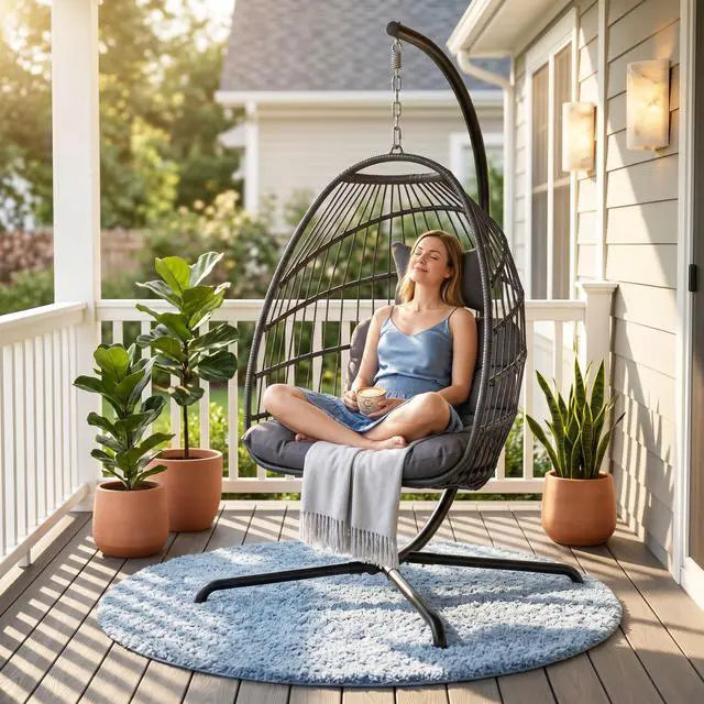 Main image of Swing Egg Chair with Stand, 350 Lbs Heavy-Duty Hanging Egg Chair Outdoor with Solution-Dyed Cushion, Foldable Rattan Wicker Hammock Chair with Steel Frame for Balcony Poolside, Dark Gray