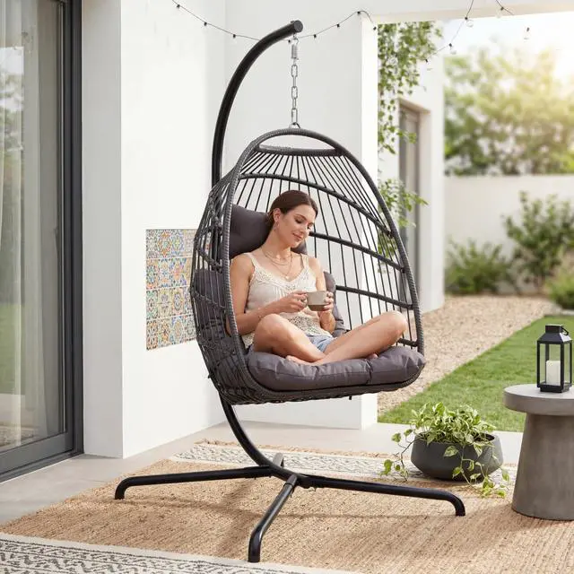 Alt view image 2 of 6 - Swing Egg Chair with Stand, 350 Lbs Heavy-Duty Hanging Egg Chair Outdoor with Solution-Dyed Cushion, Foldable Rattan Wicker Hammock Chair with Steel Frame for Balcony Poolside, Dark Gray