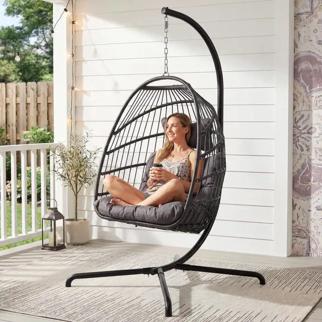 Alt view image 3 of 6 - Swing Egg Chair with Stand, 350 Lbs Heavy-Duty Hanging Egg Chair Outdoor with Solution-Dyed Cushion, Foldable Rattan Wicker Hammock Chair with Steel Frame for Balcony Poolside, Dark Gray