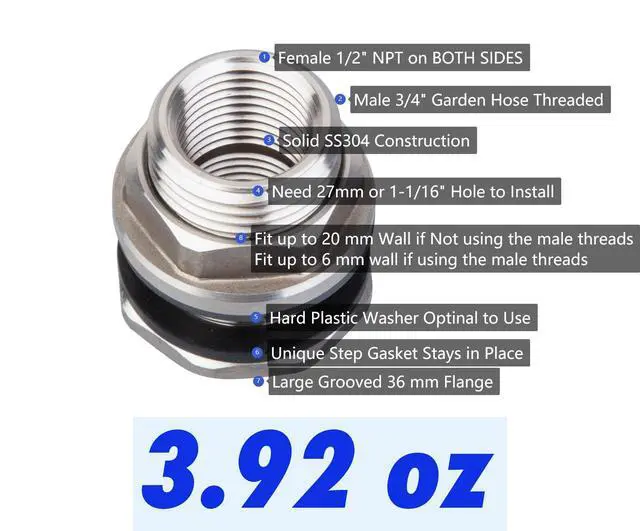 Alt view image 2 of 6 - SSBF020 Stainless Steel 304 Bulkhead Tank Fitting (Double Female 1/2 NPT/FIP and Male 3/4" NH/MHT Garden Hose Threaded) (20)