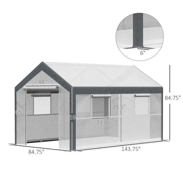 Alt view image 3 of 6 - 12' x 7' x 7' Greenhouse, Walk-in Outdoor Tunnel Green House with PE Cover, Steel Frame, 2 Roll-Up Zipper Doors & 4 Windows for Flowers, Vegetables, Tropical Plants, White