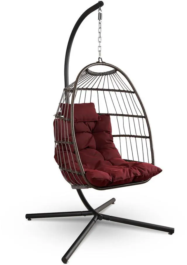 Main image of Hanging Egg Chair w/Stand - Wicker Rattan Swing, Padded Cushion | Foldable Design, Weather-Resistant Cushion & Padded Headrest Included, 350 lb Capacity, Great for Patio, Backyard & Bedroom