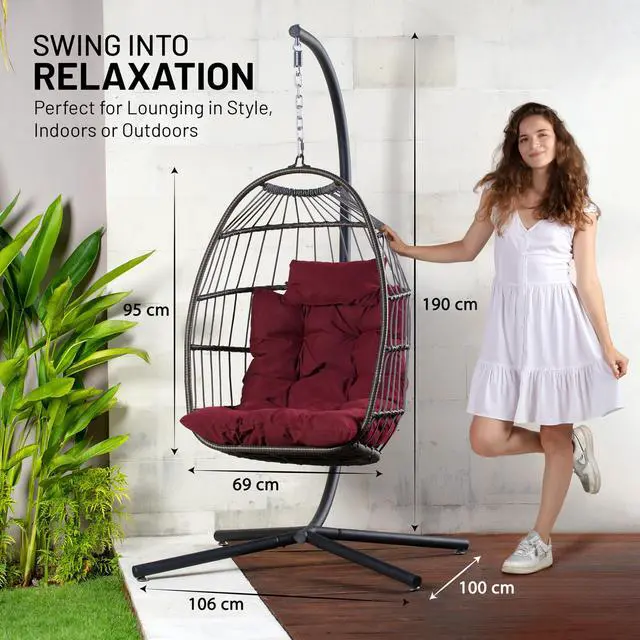 Alt view image 3 of 6 - Hanging Egg Chair w/Stand - Wicker Rattan Swing, Padded Cushion | Foldable Design, Weather-Resistant Cushion & Padded Headrest Included, 350 lb Capacity, Great for Patio, Backyard & Bedroom