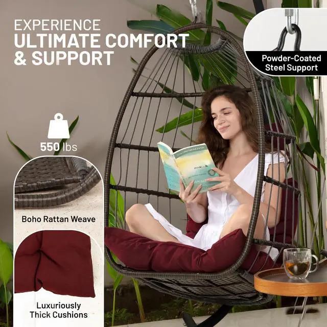 Alt view image 4 of 6 - Hanging Egg Chair w/Stand - Wicker Rattan Swing, Padded Cushion | Foldable Design, Weather-Resistant Cushion & Padded Headrest Included, 350 lb Capacity, Great for Patio, Backyard & Bedroom