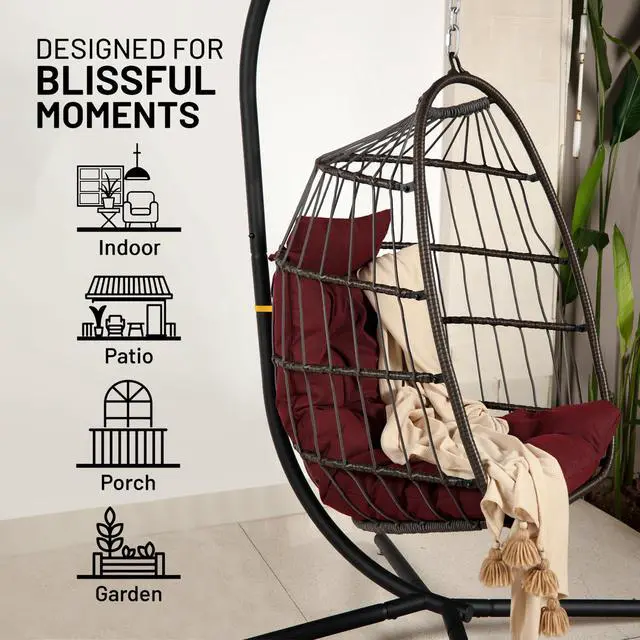 Alt view image 5 of 6 - Hanging Egg Chair w/Stand - Wicker Rattan Swing, Padded Cushion | Foldable Design, Weather-Resistant Cushion & Padded Headrest Included, 350 lb Capacity, Great for Patio, Backyard & Bedroom