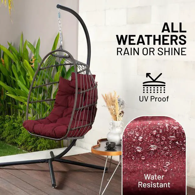 Alt view image 6 of 6 - Hanging Egg Chair w/Stand - Wicker Rattan Swing, Padded Cushion | Foldable Design, Weather-Resistant Cushion & Padded Headrest Included, 350 lb Capacity, Great for Patio, Backyard & Bedroom
