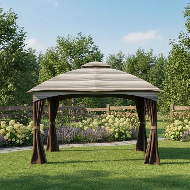 Alt view image 2 of 6 - Durable 350 Replacement Canopy Top Compatible with Allen Roth 10' x 12' Gazebo Models GF-12S004B, TPGAZ17-002 - Stripe Stone