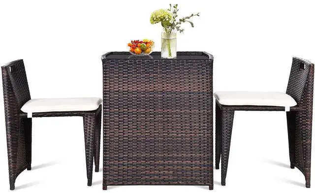Main image of 3 PCS Cushioned Outdoor Wicker Patio Set Convention Bistro Set with Patio Sofa Chairs Garden Lawn Space Saving Conversation Furniture No Assembly (Light Brown)