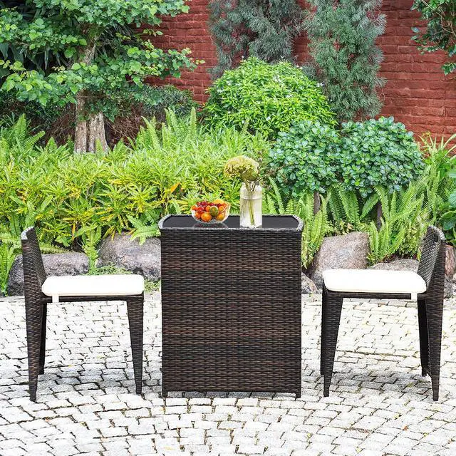 Alt view image 2 of 6 - 3 PCS Cushioned Outdoor Wicker Patio Set Convention Bistro Set with Patio Sofa Chairs Garden Lawn Space Saving Conversation Furniture No Assembly (Light Brown)
