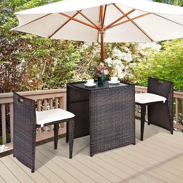 Alt view image 3 of 6 - 3 PCS Cushioned Outdoor Wicker Patio Set Convention Bistro Set with Patio Sofa Chairs Garden Lawn Space Saving Conversation Furniture No Assembly (Light Brown)