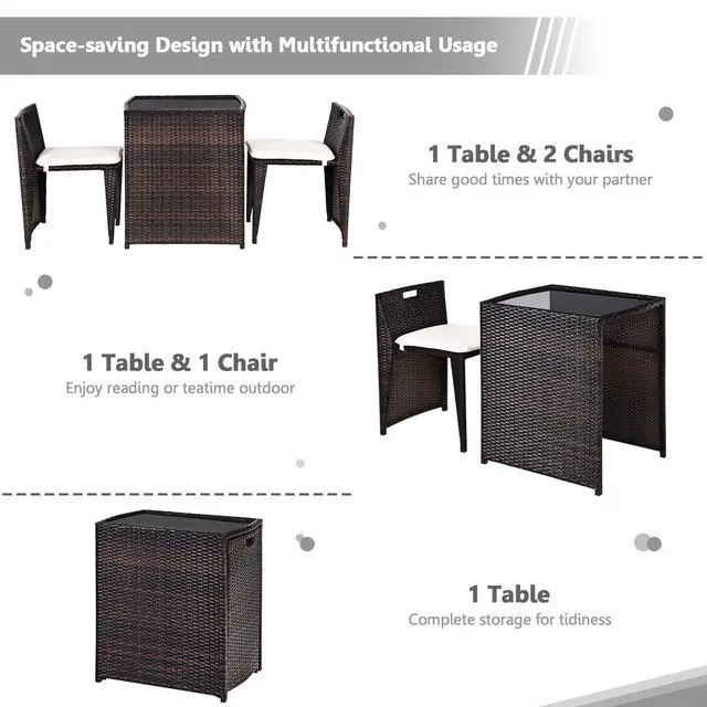 Alt view image 5 of 6 - 3 PCS Cushioned Outdoor Wicker Patio Set Convention Bistro Set with Patio Sofa Chairs Garden Lawn Space Saving Conversation Furniture No Assembly (Light Brown)