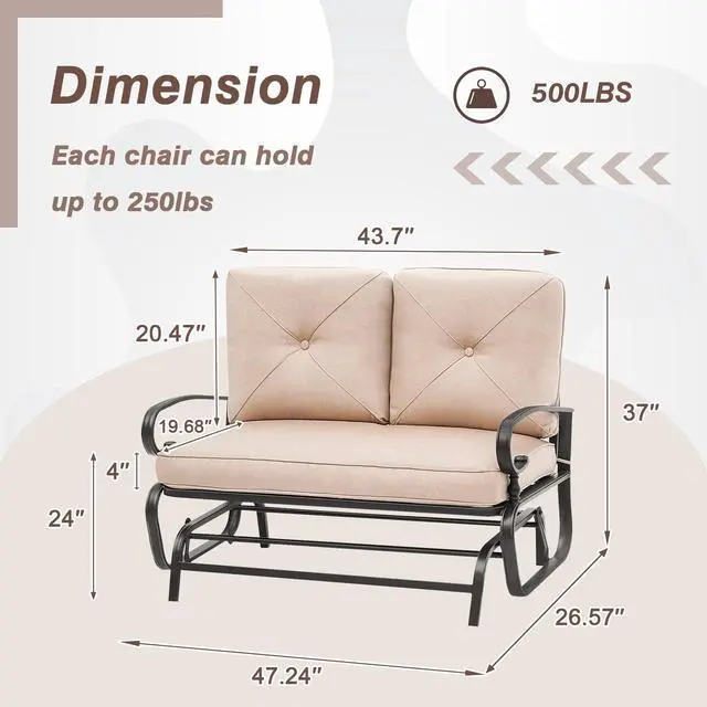 Alt view image 3 of 6 - Outdoor Glider Rocking Bench 2 Person Patio Loveseat Steel Frame Furniture Set for Patio, Garden, Yard, Porch with Resistant Cushions (Brown)