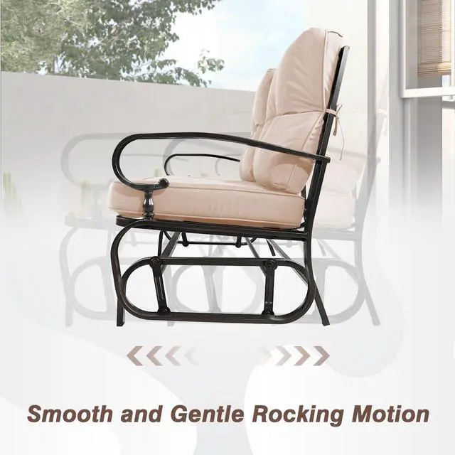 Alt view image 4 of 6 - Outdoor Glider Rocking Bench 2 Person Patio Loveseat Steel Frame Furniture Set for Patio, Garden, Yard, Porch with Resistant Cushions (Brown)