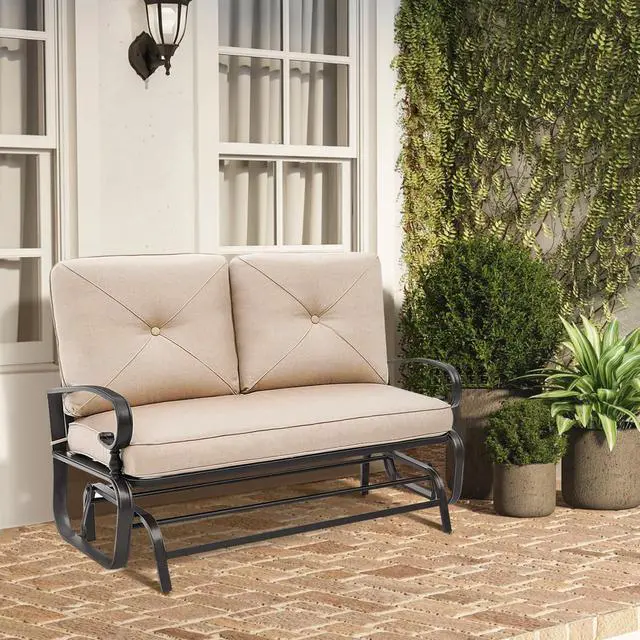 Alt view image 6 of 6 - Outdoor Glider Rocking Bench 2 Person Patio Loveseat Steel Frame Furniture Set for Patio, Garden, Yard, Porch with Resistant Cushions (Brown)