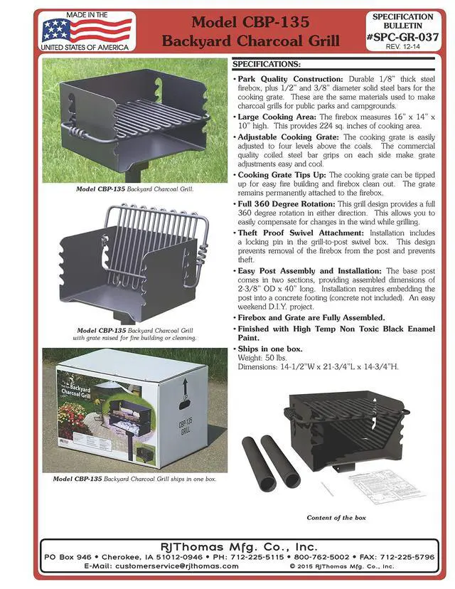 Alt view image 6 of 6 - CBP-135 Charcoal Grill, Park Style Outdoor BBQ Camping Grill with Swivel