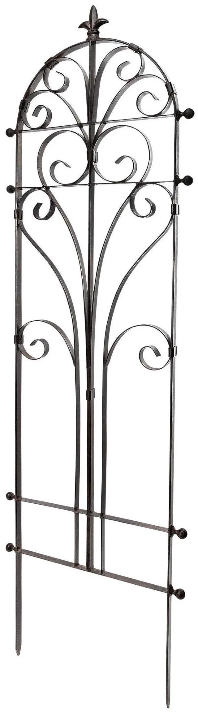 Main image of Scroll Garden Trellis 58" H, Freestanding Heavy Duty Iron 24 lbs | Powder-coated finish with ground spikes included. Supports climbing roses, clematis, ivy and vines