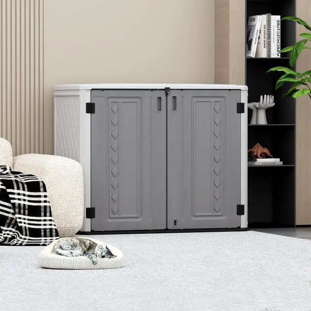 Alt view image 2 of 6 - Outdoor Storage Shed Waterproof, Horizontal Outdoor Storage Cabinet for Garbage Cans,Tools and Lawnmower Lockable(34 Cu.ft-Gray and White)