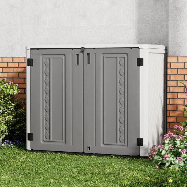 Alt view image 3 of 6 - Outdoor Storage Shed Waterproof, Horizontal Outdoor Storage Cabinet for Garbage Cans,Tools and Lawnmower Lockable(34 Cu.ft-Gray and White)