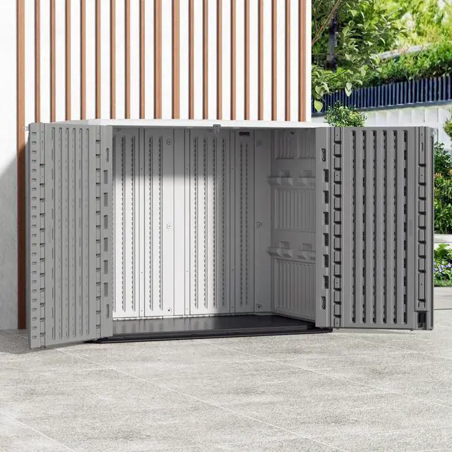 Alt view image 4 of 6 - Outdoor Storage Shed Waterproof, Horizontal Outdoor Storage Cabinet for Garbage Cans,Tools and Lawnmower Lockable(34 Cu.ft-Gray and White)