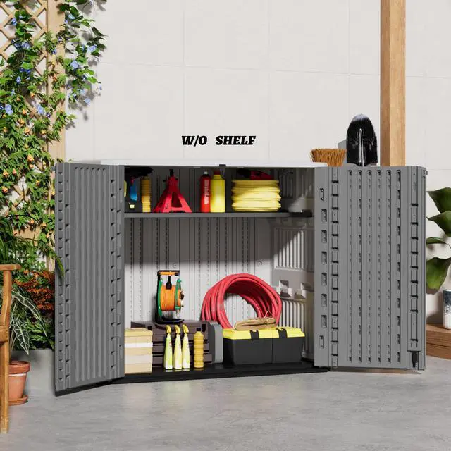 Alt view image 5 of 6 - Outdoor Storage Shed Waterproof, Horizontal Outdoor Storage Cabinet for Garbage Cans,Tools and Lawnmower Lockable(34 Cu.ft-Gray and White)
