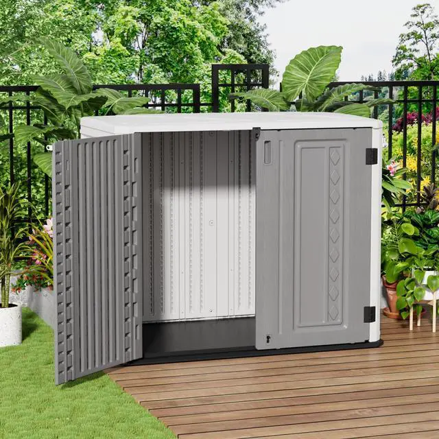 Alt view image 6 of 6 - Outdoor Storage Shed Waterproof, Horizontal Outdoor Storage Cabinet for Garbage Cans,Tools and Lawnmower Lockable(34 Cu.ft-Gray and White)