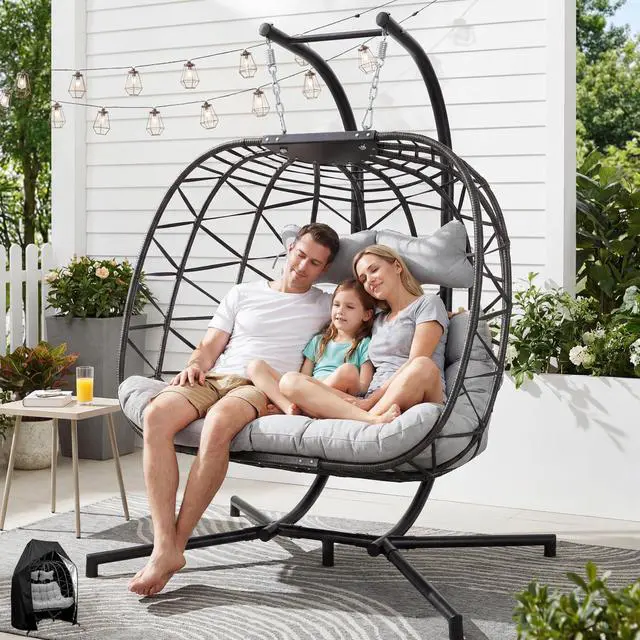 Main image of Double Egg Chair Outdoor Indoor, Oversized Swing with Stand for 2, All-Weather Rattan Hanging Loveseat Cozy, Patio Swinging Seat with Cushion & Cover for Living Room, Porch, Light Gray