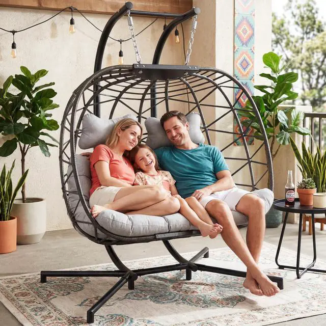 Alt view image 2 of 6 - Double Egg Chair Outdoor Indoor, Oversized Swing with Stand for 2, All-Weather Rattan Hanging Loveseat Cozy, Patio Swinging Seat with Cushion & Cover for Living Room, Porch, Light Gray