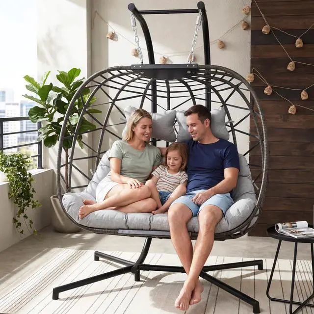 Alt view image 3 of 6 - Double Egg Chair Outdoor Indoor, Oversized Swing with Stand for 2, All-Weather Rattan Hanging Loveseat Cozy, Patio Swinging Seat with Cushion & Cover for Living Room, Porch, Light Gray