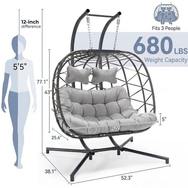 Alt view image 4 of 6 - Double Egg Chair Outdoor Indoor, Oversized Swing with Stand for 2, All-Weather Rattan Hanging Loveseat Cozy, Patio Swinging Seat with Cushion & Cover for Living Room, Porch, Light Gray